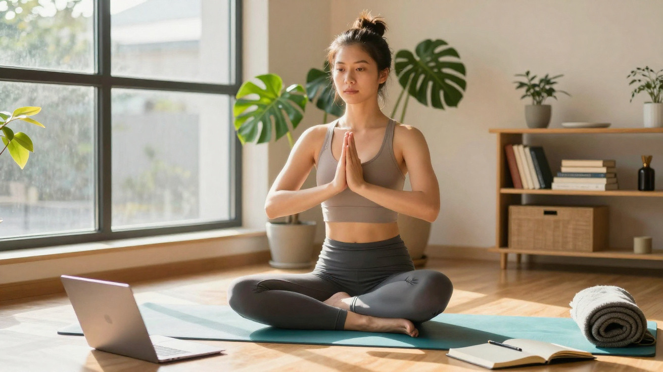 Frau meditiert sitzend im Schneidersitz auf Yogamatte vor Fenster mit Laptop und Notizbuch.