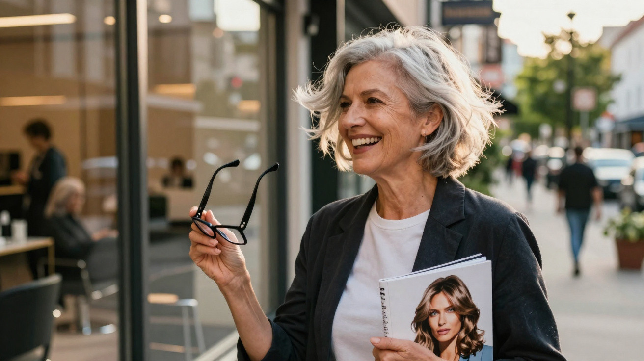 Ältere Frau mit grauen Haaren lächelnd, Brille haltend und Magazin mit Porträt in der Hand auf Straße.
