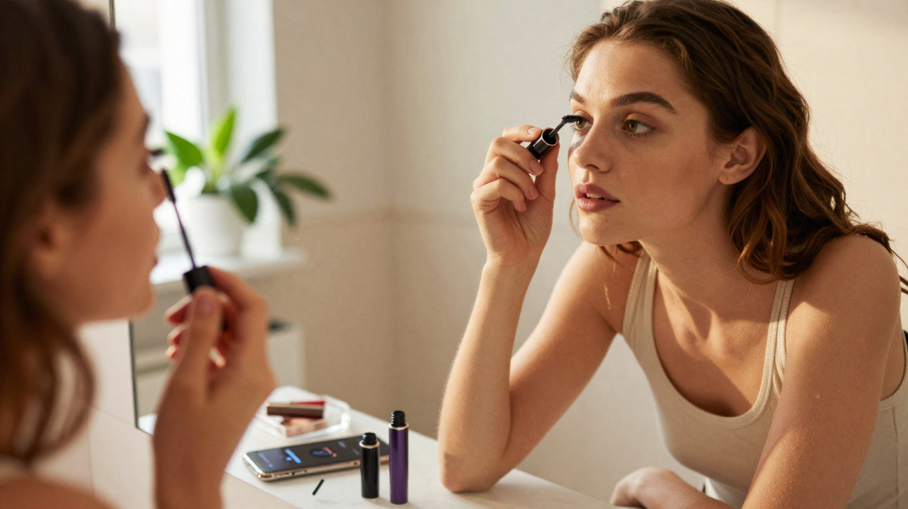 Frau trägt vor Spiegel in hellem Raum Mascara auf ihre Wimpern auf.