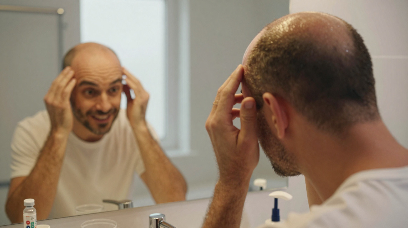 Mann überprüft im Badspiegel seine Haare und den Haaransatz, wirkt zufrieden und lächelt leicht.