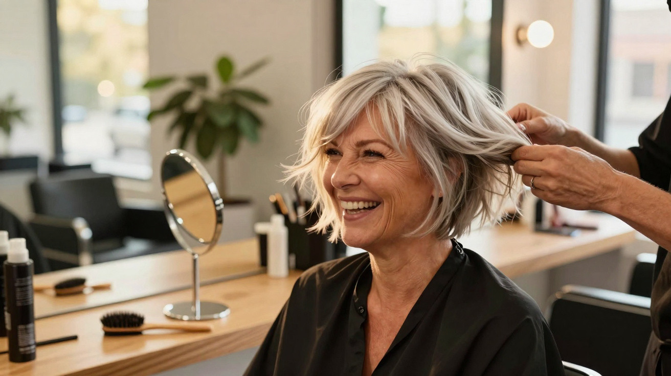 Ältere Frau mit kurzem blondem Haar, die im Friseursalon lächelnd eine neue Frisur bekommt.