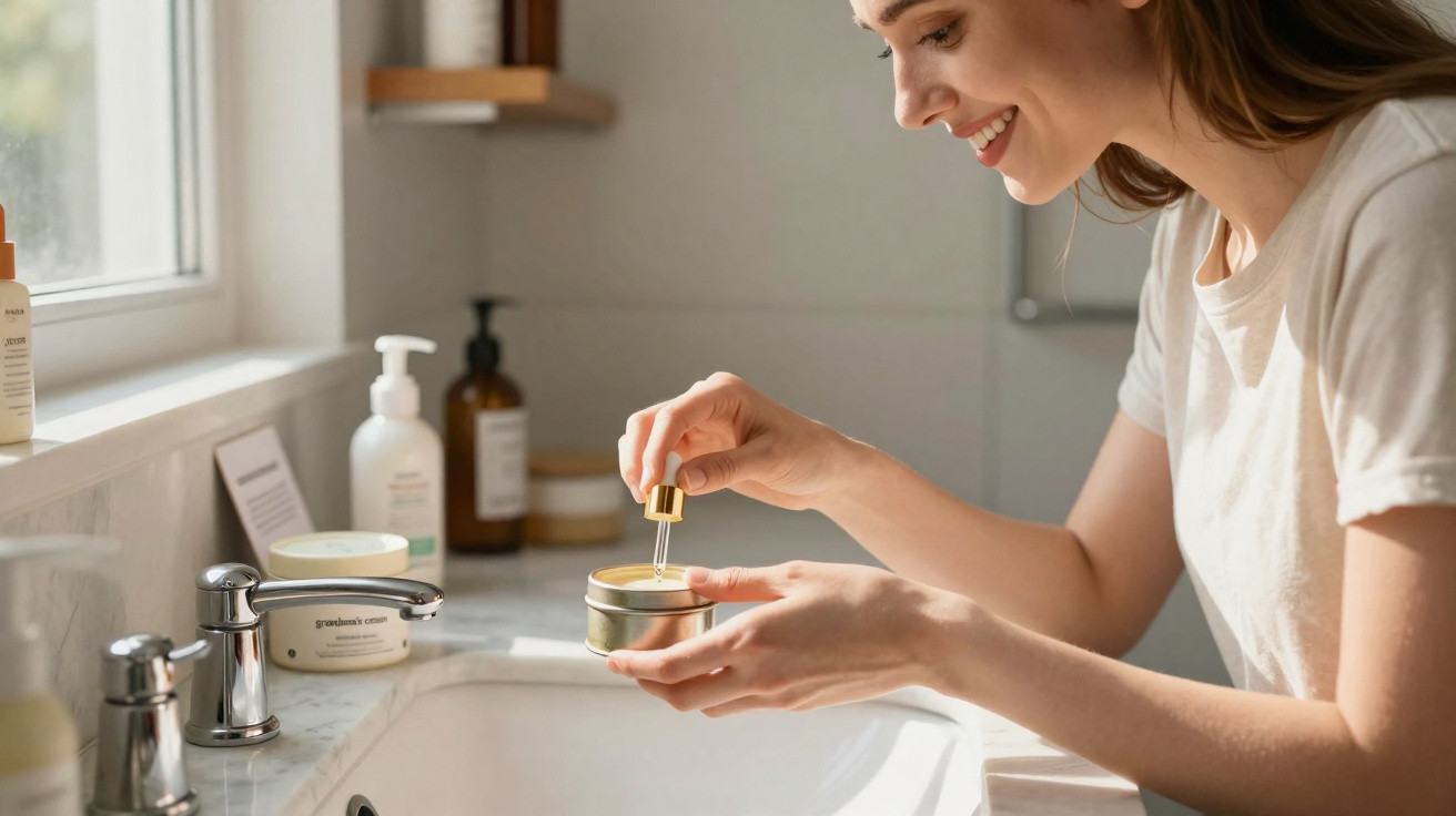 Frau trägt mit Pipette Naturkosmetik im Badezimmer auf, steht am Waschbecken bei Tageslicht.