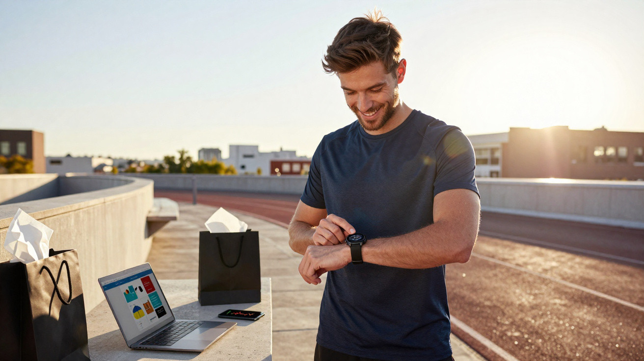 Junger Mann in Sportkleidung schaut lächelnd auf seine Smartwatch auf einer Laufbahn bei Sonnenuntergang.