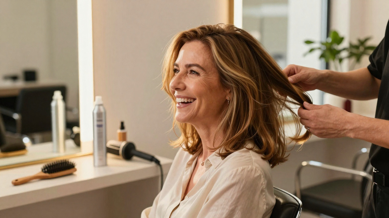 Fröhliche Frau sitzt im Friseursalon, während Stylist ihre mittellangen Haare anfasst.