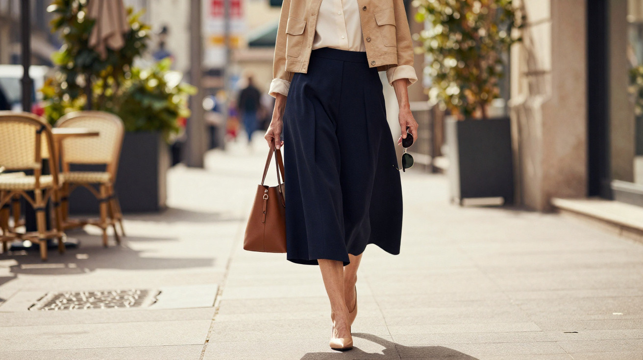 Frau in eleganter Kleidung mit Handtasche und Sonnenbrille geht auf Gehweg einer Stadt bei Sonnenschein.