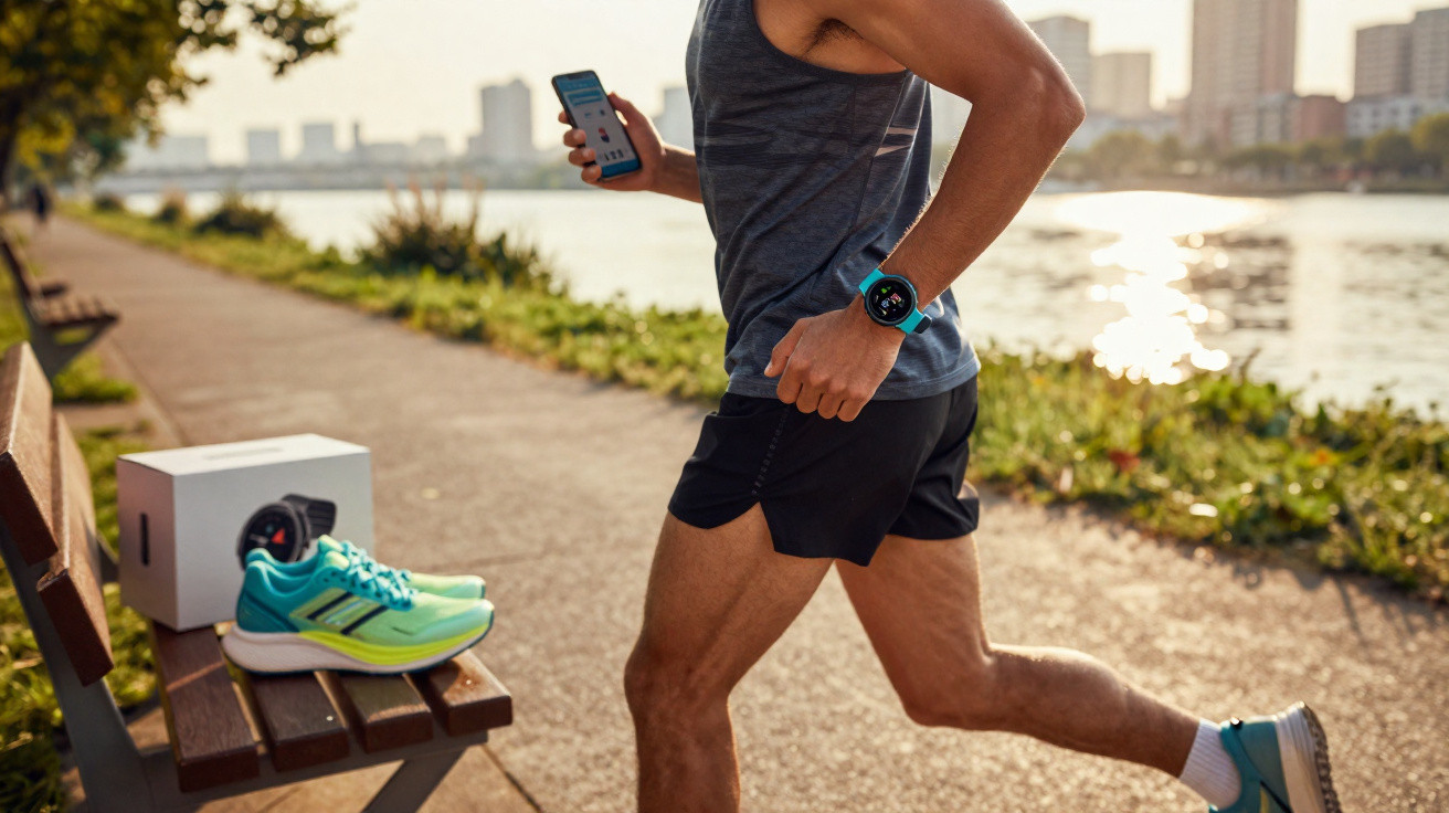 Mann joggt am Flussufer, trägt Sportuhr und hält Smartphone, neben Bank mit Laufschuhen und Verpackung.