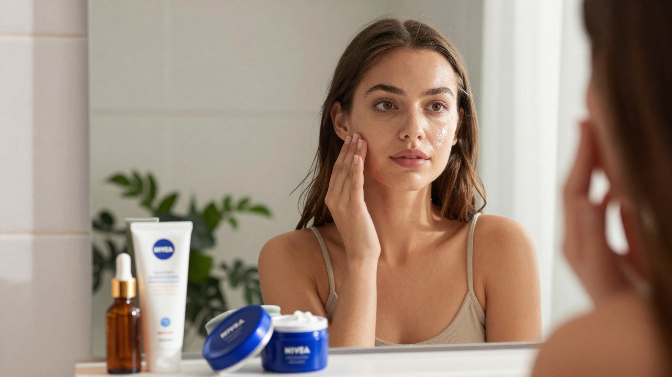 Frau trägt Gesichtscreme auf ihre Haut auf, vor Badezimmerspiegel mit Hautpflegeprodukten von Nivea.