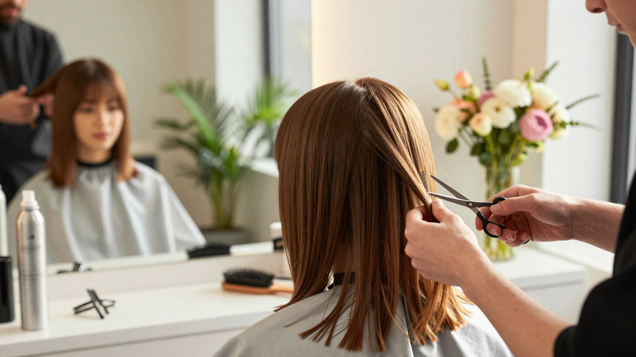 Friseurin schneidet einer Frau mit braunen mittellangen Haaren im Friseursalon die Haare.