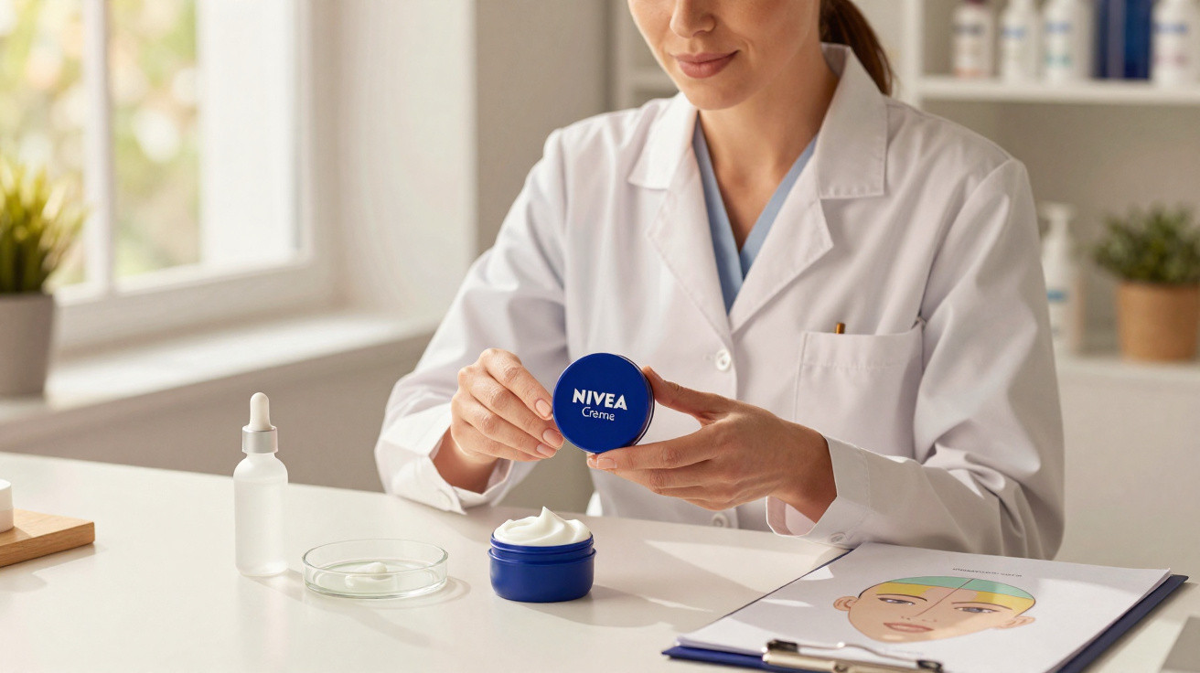Frau in weißem Laborkittel öffnet Dose Nivea Creme auf einem Tisch mit Hautpflegeutensilien.