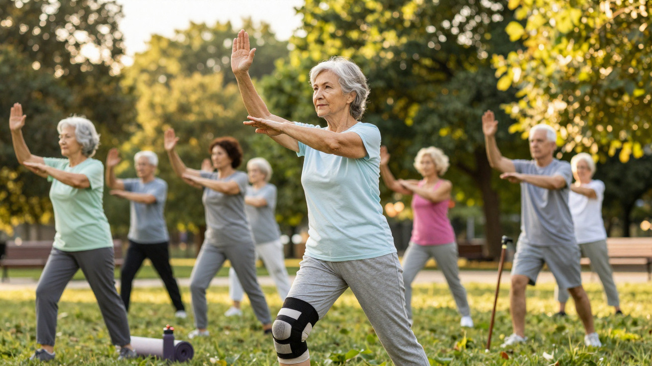 Seniorinnen und Senioren üben im Park gemeinsam Tai Chi bei Sonnenlicht.