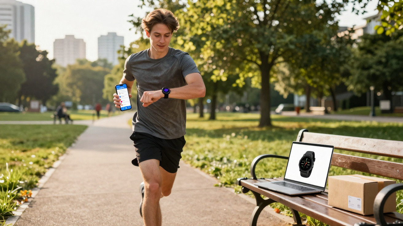 Junger Mann joggt im Park mit Smartwatch und Handy, Laptop zeigt Smartwatch auf Parkbank.