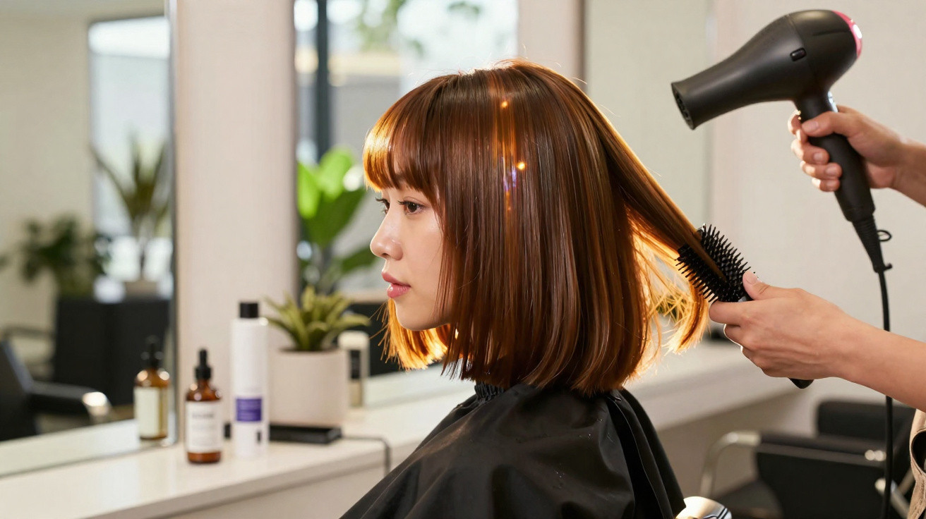 Frau im Friseursalon mit braunem Bob, deren Haare mit Föhn und Rundbürste gestylt werden.