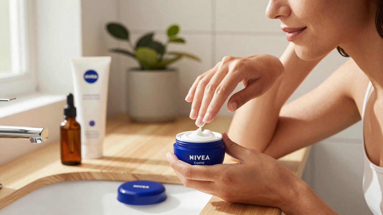Frau trägt Nivea-Creme auf Finger auf, Badezimmer mit pflanzlicher Dekoration im Hintergrund.