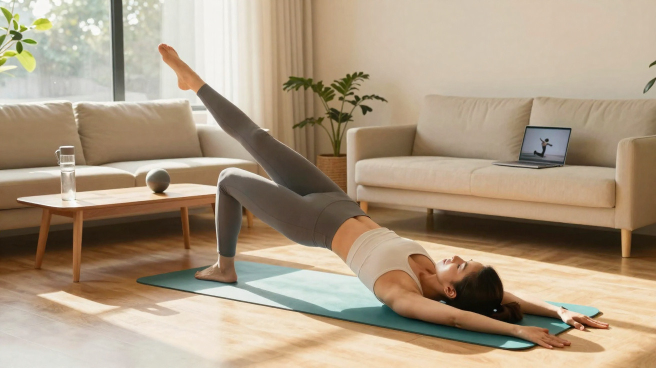 Frau macht Pilates-Übung auf Matte im Wohnzimmer, Laptop zeigt gleiche Übung, Tageslicht fällt ins Zimmer.