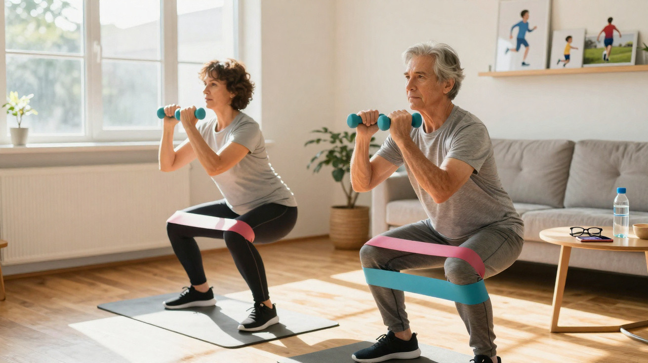 Älteres Paar trainiert mit Widerstandsbändern und Hanteln zu Hause in Wohnzimmer bei Fitnessübungen.