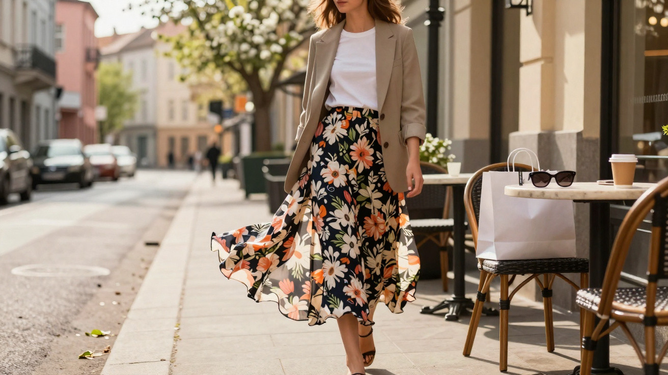 Frau in weißem T-Shirt, Beige-Blazer und Blumenrock geht an Straßencafé mit Einkaufstasche und Kaffee vorbei.