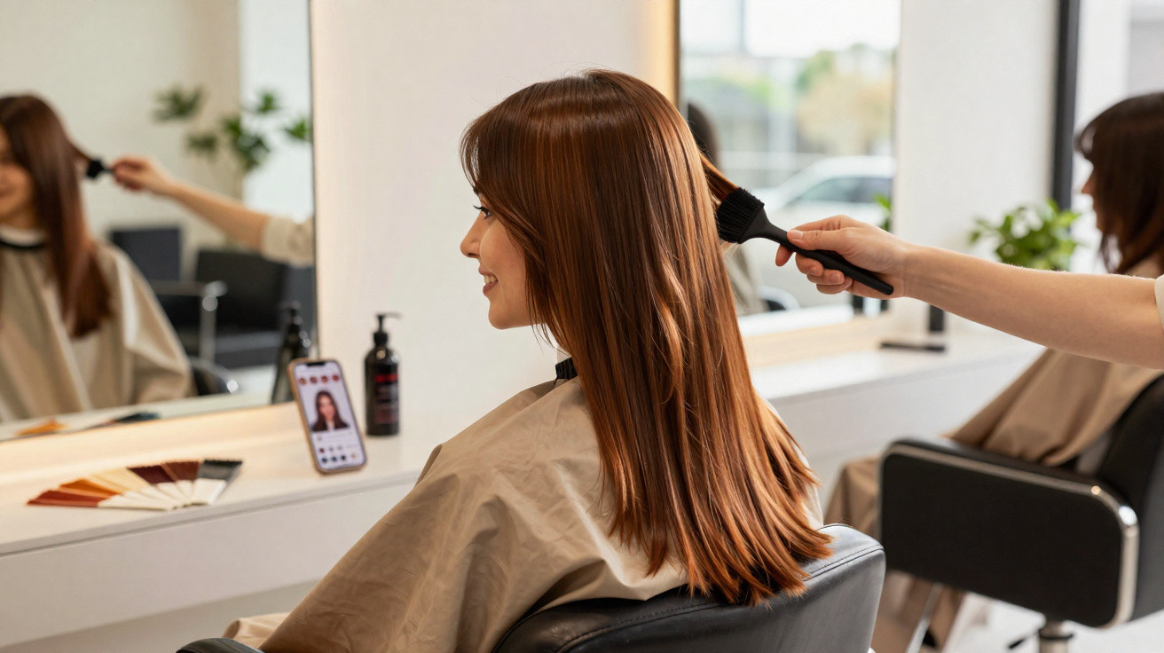 Frau sitzt im Friseursalon und lässt ihre langen braunen Haare von Friseur bürsten.