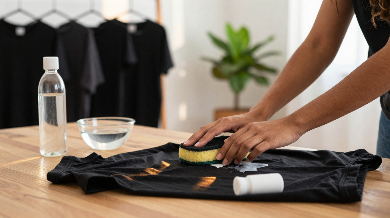 Person reinigt schwarzen T-Shirt mit Schwamm und Waschmittel auf Holztisch, im Hintergrund schwarze Hemden.
