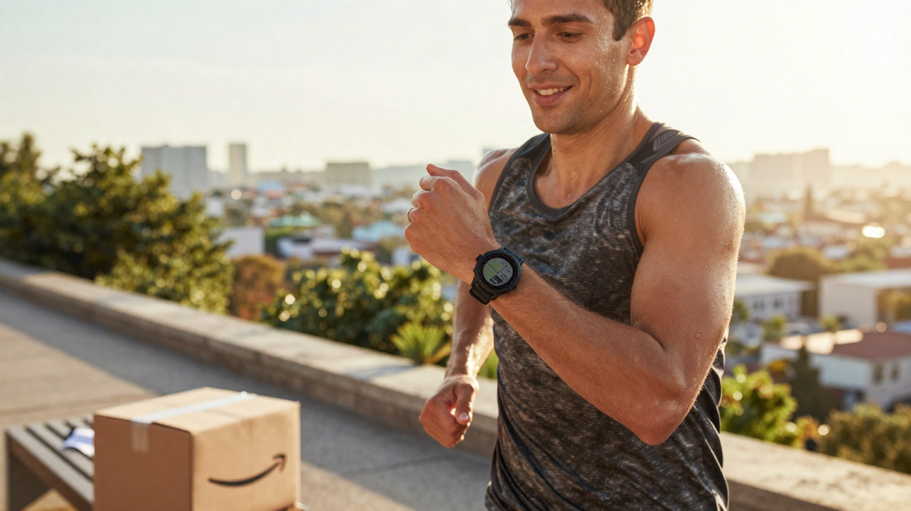 Mann joggt draußen auf Terrasse bei Sonnenuntergang, trägt Sportuhr und dunkelgraues Tanktop.