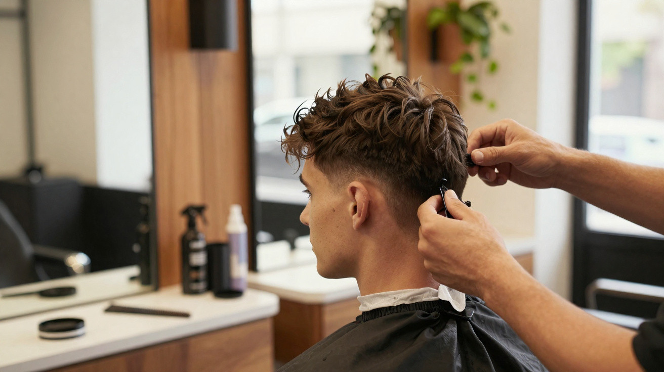 Junger Mann bekommt im Friseursalon eine modische Kurzhaarfrisur geschnitten und gestylt.