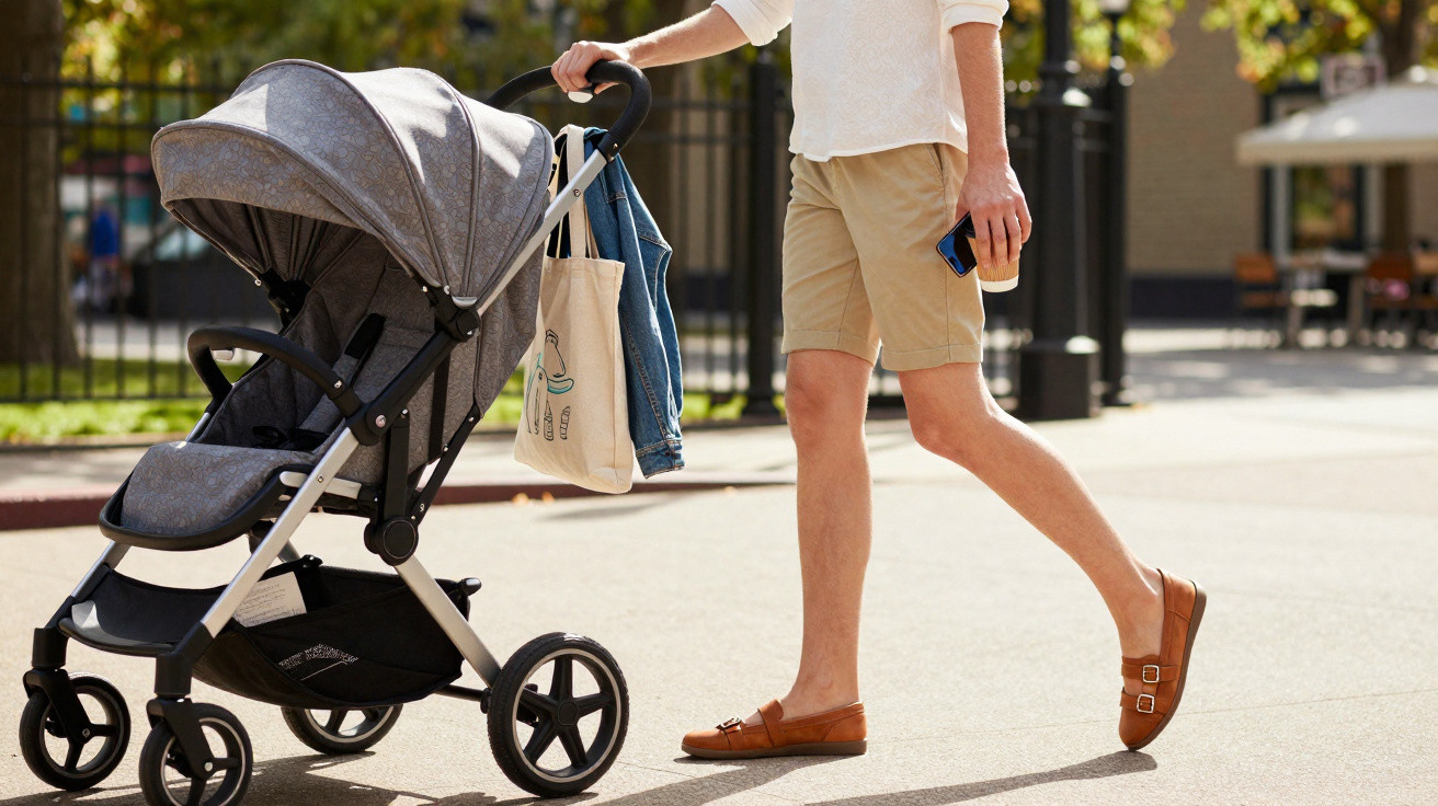 Person schiebt Kinderwagen mit Tasche an sonnigem Tag auf Gehweg entlang.