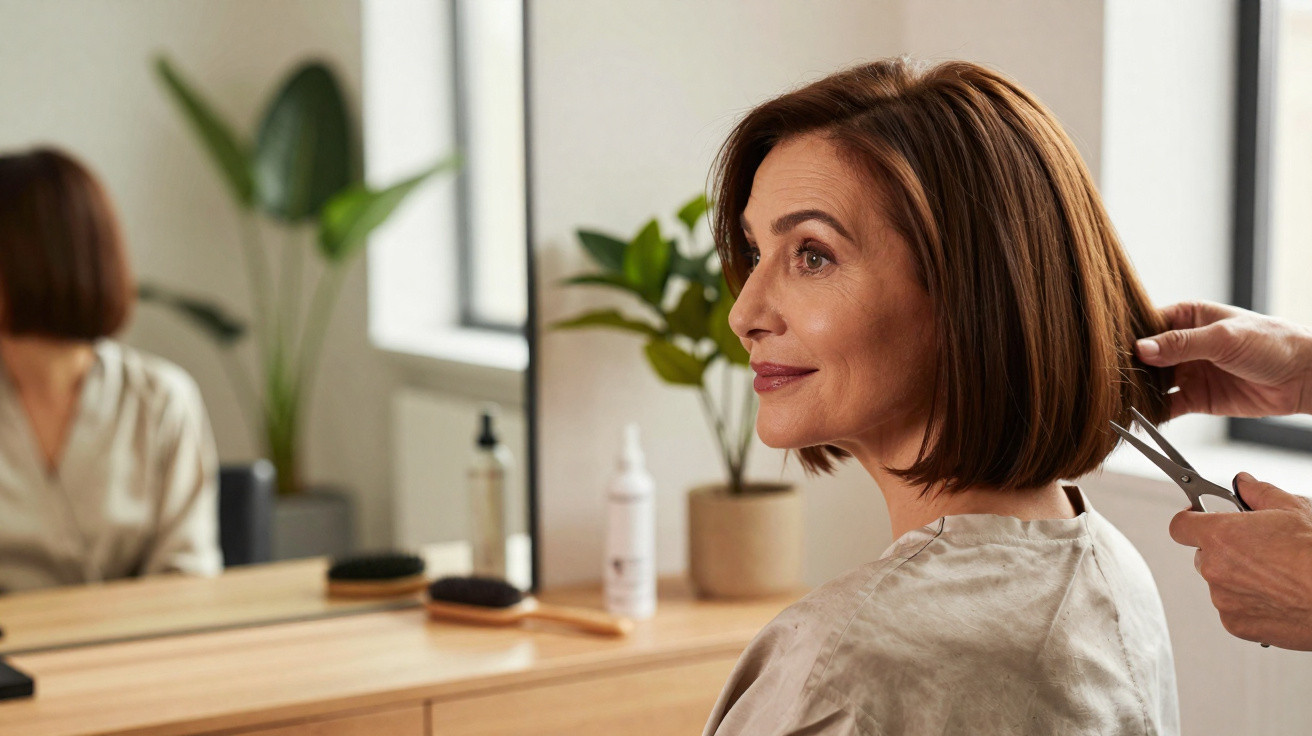 Frau mit braunen Haaren bekommen Haarschnitt in modernem Friseursalon vor Spiegel.