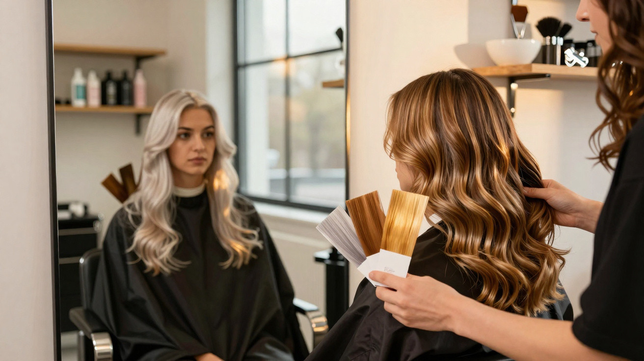 Friseurin zeigt Kundin mit langen gewellten Haaren verschiedene Haarfarbenfächer im Salon vor Spiegel.