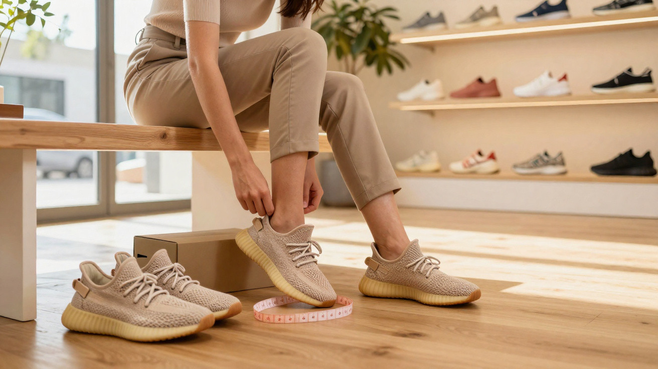 Frau sitzt im Schuhgeschäft und probiert beige Sportschuhe, daneben Maßband und weitere Schuhe im Regal.