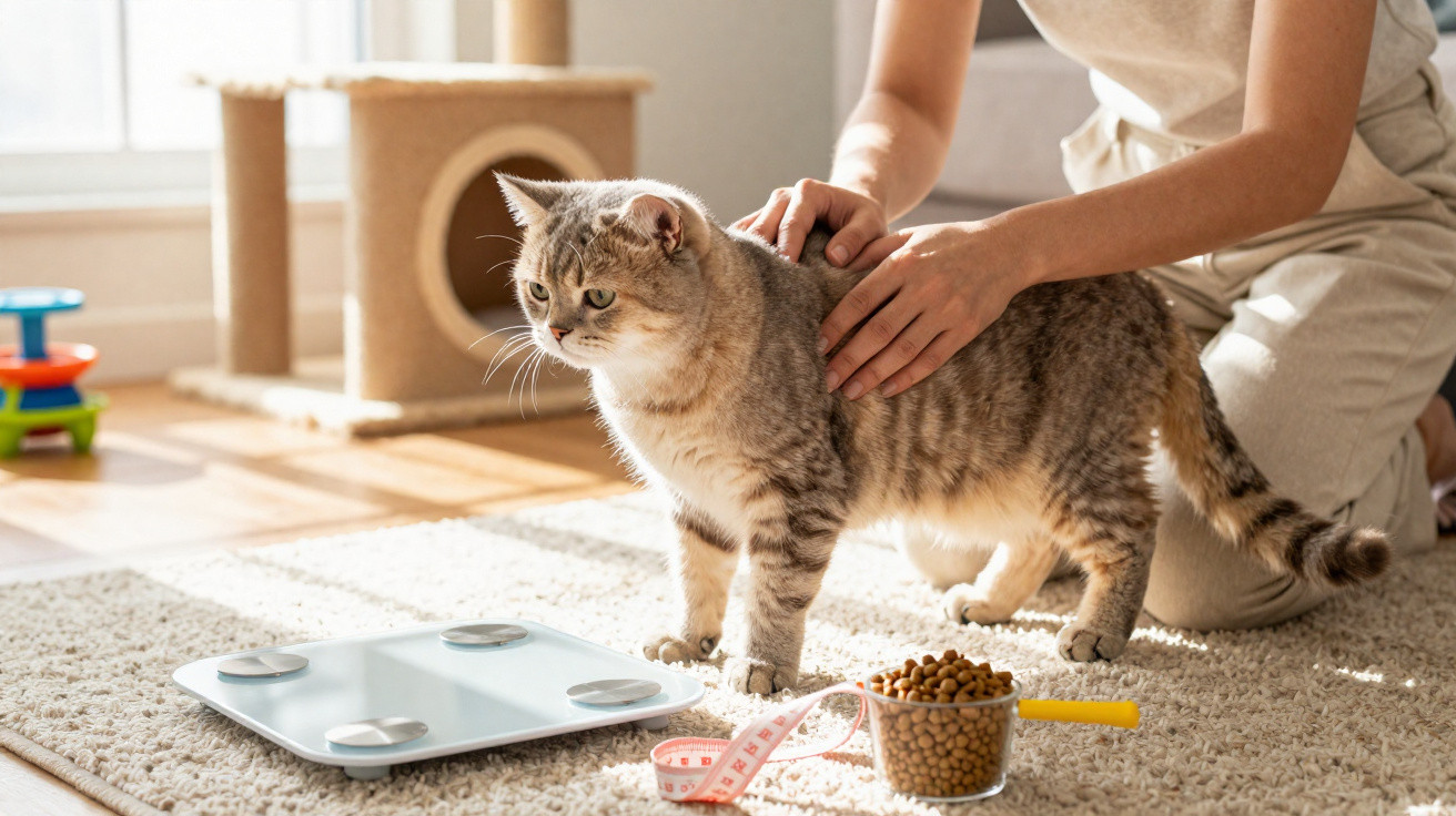 Frau misst Gewicht ihrer Katze zu Hause mit einer Waage, Futternapf und Maßband auf Teppich.