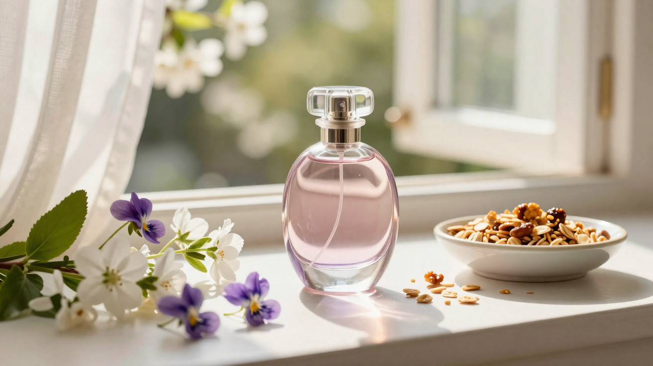 Parfümflasche mit rosa Duft, bunte Blumen und Schale mit Nüssen auf Fensterbrett im Sonnenlicht.