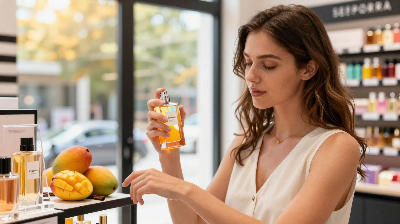 Frau testet Parfüm an ihrem Handgelenk in einem Geschäft mit Mango-Dekoration im Hintergrund.