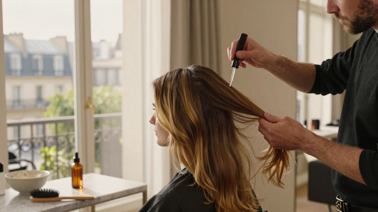 Friseurbesuch: Mann trägt Haaröl mit Pipette auf die Kopfhaut einer Frau mit langen, hellbraunen Haaren auf.