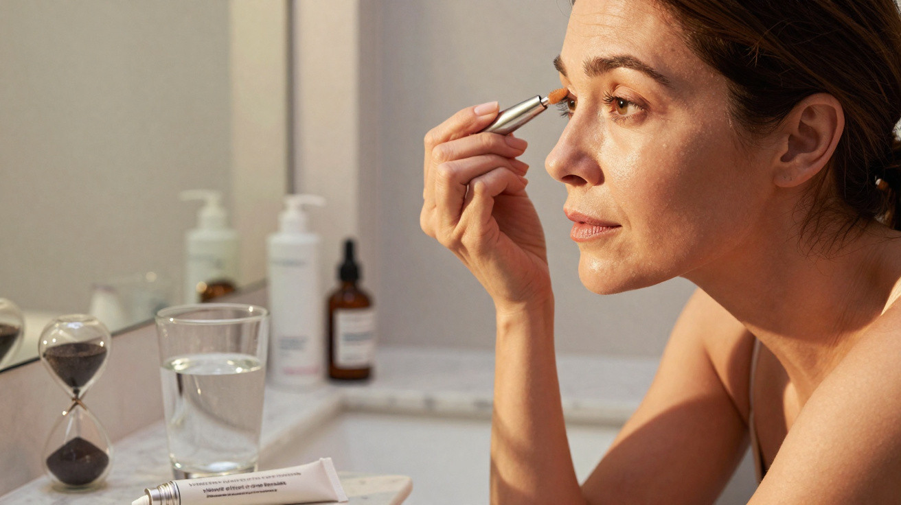 Frau trägt morgens im Bad Augen-Make-up auf, im Hintergrund Kosmetikflaschen und ein Glas Wasser auf der Ablage.