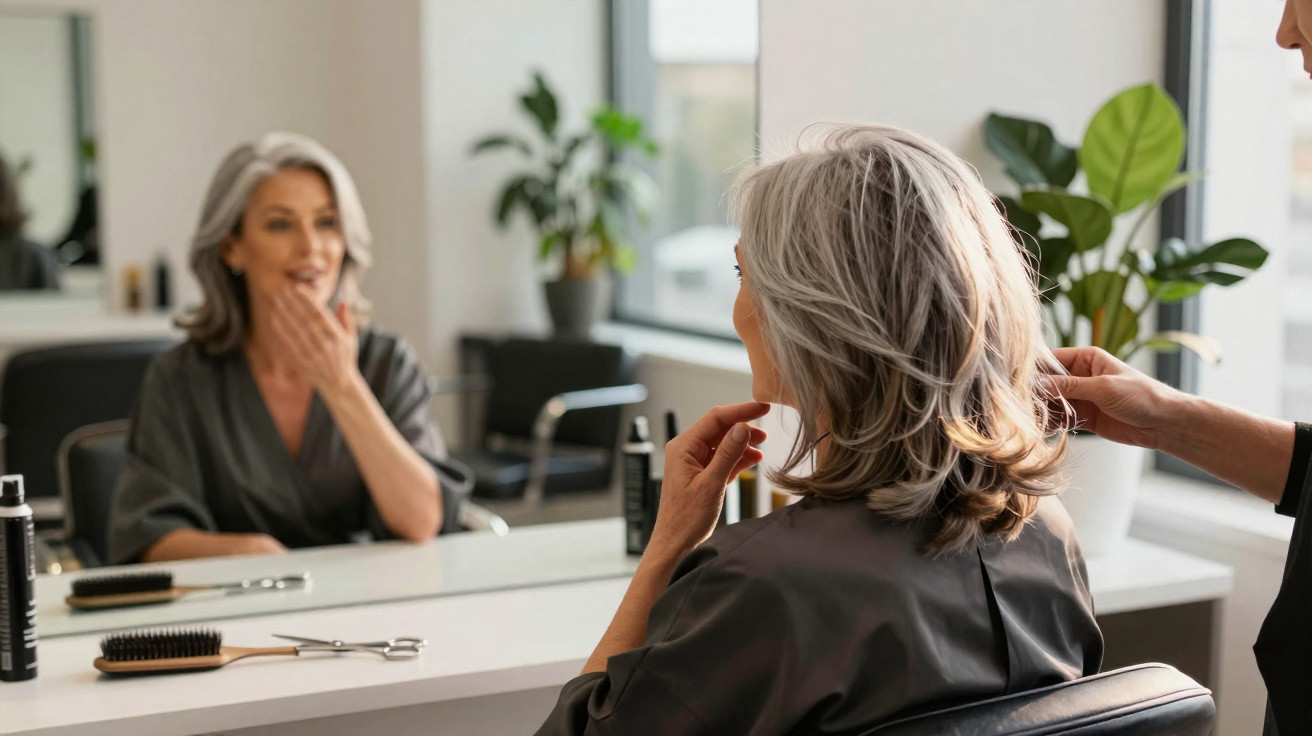 Ältere Frau mit grauen Haaren sitzt beim Friseur und betrachtet ihr frisch gestyltes Haar im Spiegel.