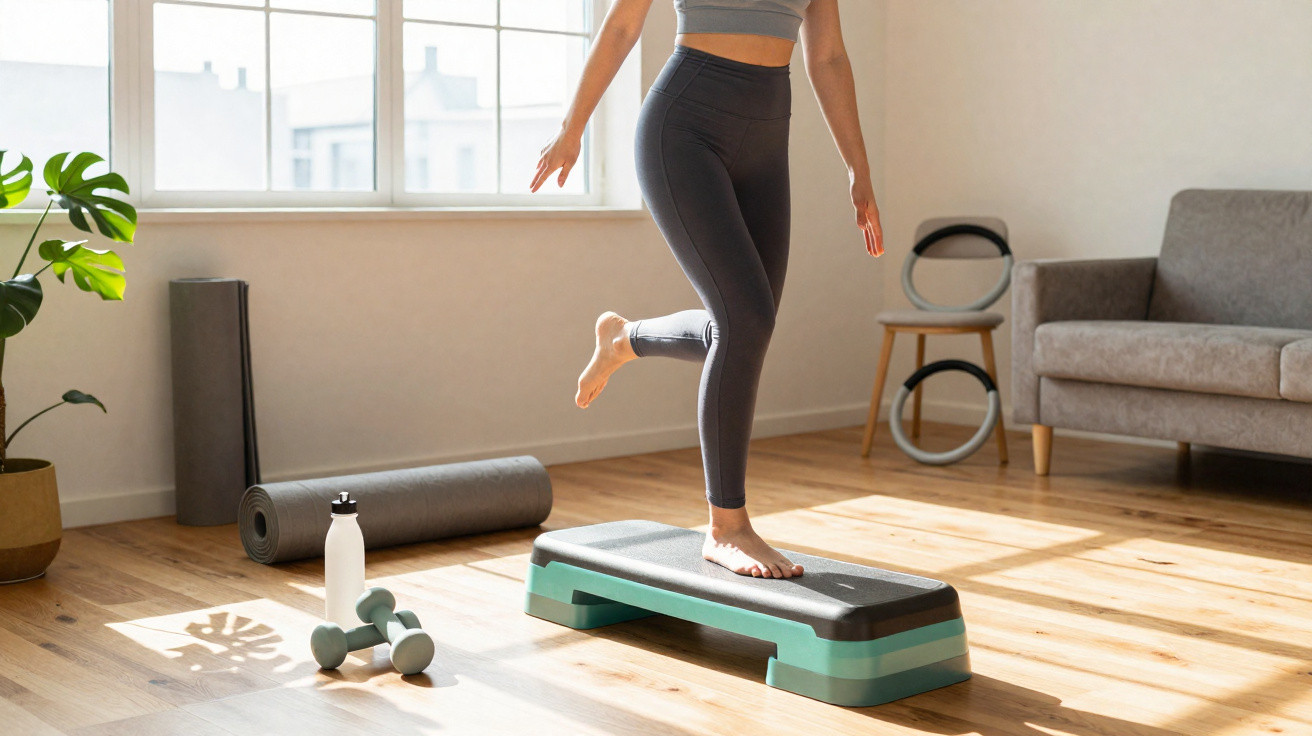 Frau beim Step-Training barfuß auf Stepper in hellem Wohnzimmer mit Sportmatte, Hanteln und Wasserflasche.