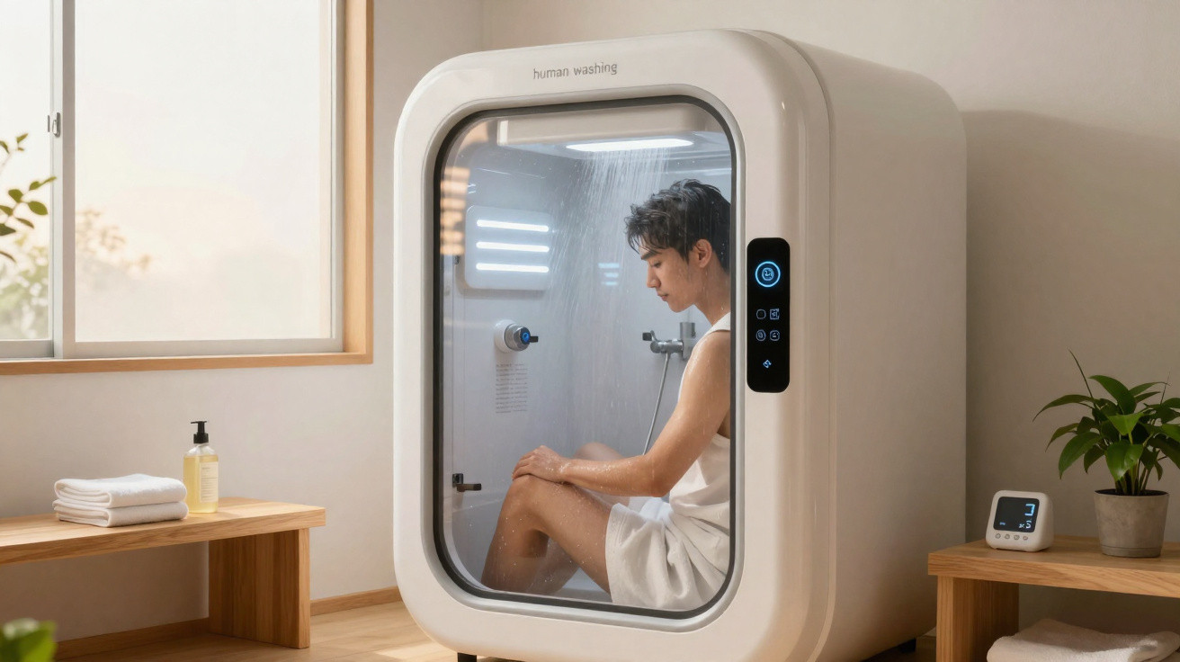 Person sitzt in moderner Duschkabine mit digitaler Steuerung in hellem, minimalistischem Badezimmer.