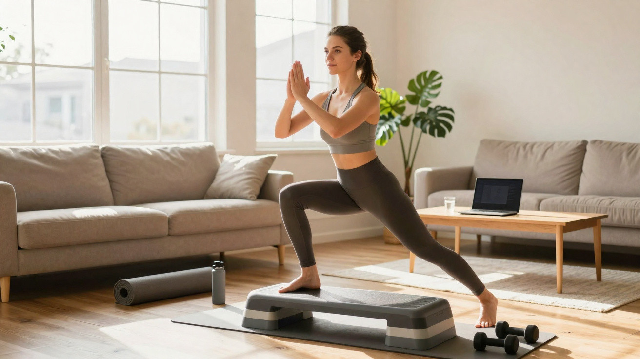 Frau macht Yoga-Übung auf Step-Brett im hellen Wohnzimmer mit Sofa, Laptop und Hanteln.