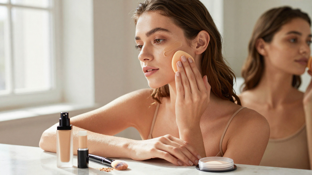 Frau trägt Make-up mit Schwamm im Gesicht auf, Make-up-Produkte auf Tisch vor Spiegel im Badezimmer.