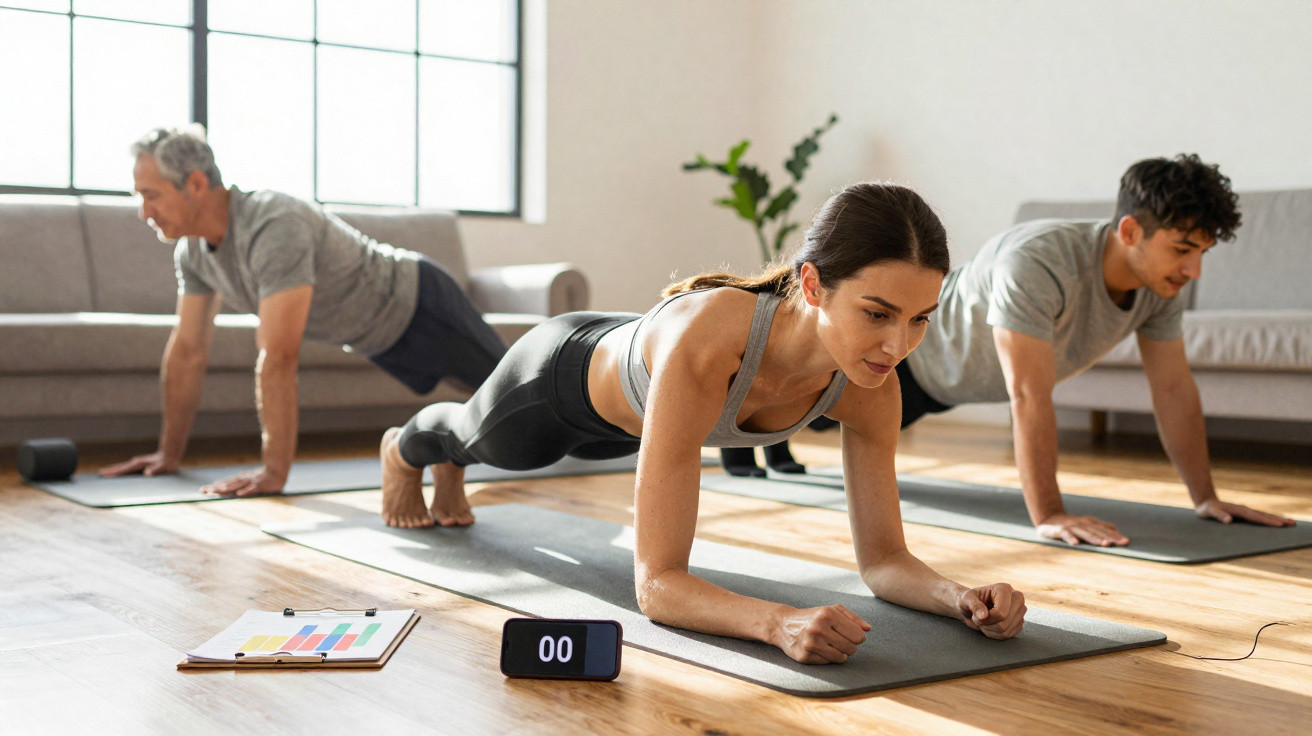 Drei Personen machen zu Hause auf Yogamatten Planks als Krafttraining in sonnigem Wohnzimmer.