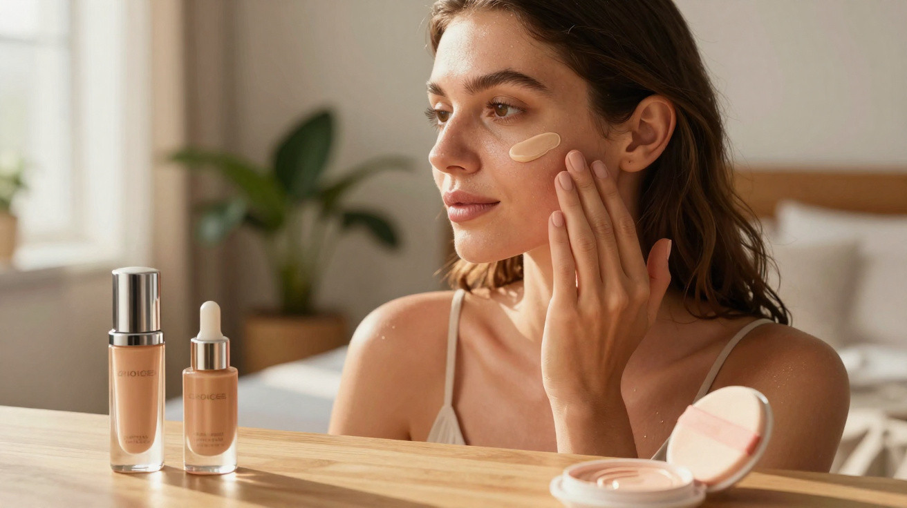 Frau trägt Foundation auf Wange auf, sitzt vor Spiegel mit Make-up-Produkten auf Holztisch.