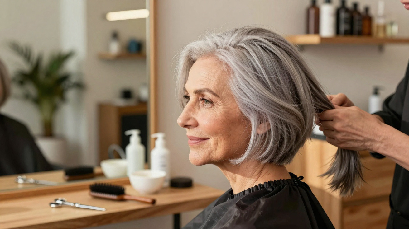 Ältere Frau mit grauen Haaren sitzt lächelnd beim Friseur, während Haare frisiert werden.