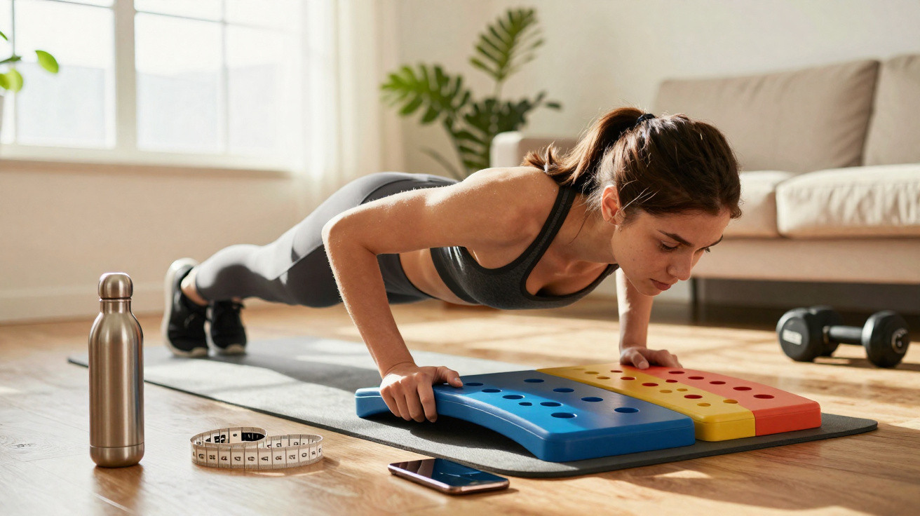 Frau macht Liegestütze auf buntem Trainingsgerät im Wohnzimmer, umgeben von Fitnesszubehör.