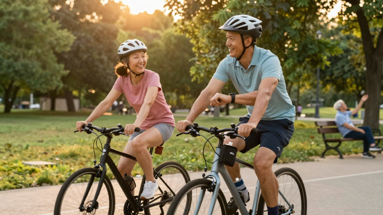 Älteres Paar fährt lächelnd bei Sonnenuntergang mit Fahrradhelm durch einen Park.