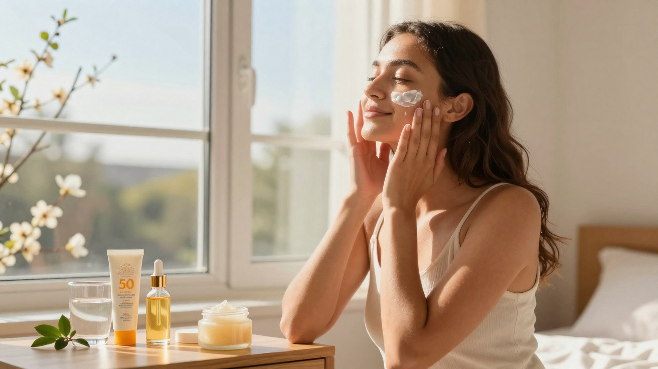 Frau trägt Gesichtscreme auf, Sonnencreme und Hautpflegeprodukte stehen auf dem Tisch neben ihr am Fenster.