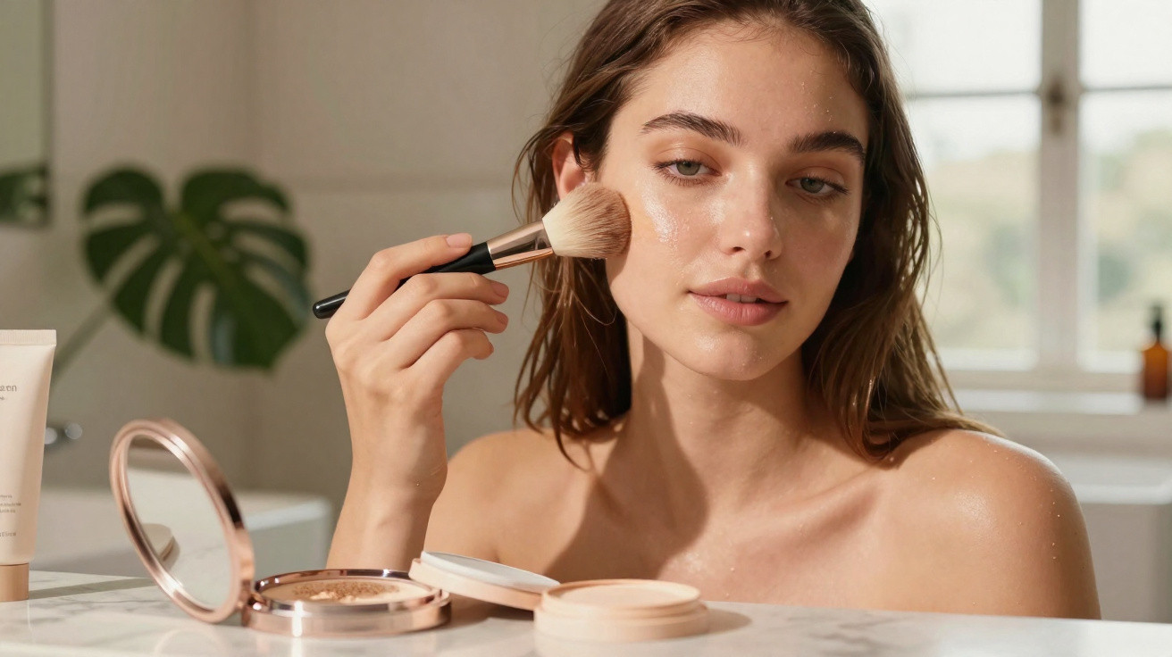 Frau trägt mit Pinsel Make-up auf ihr Gesicht auf, Kosmetikprodukte und Spiegel im Vordergrund.