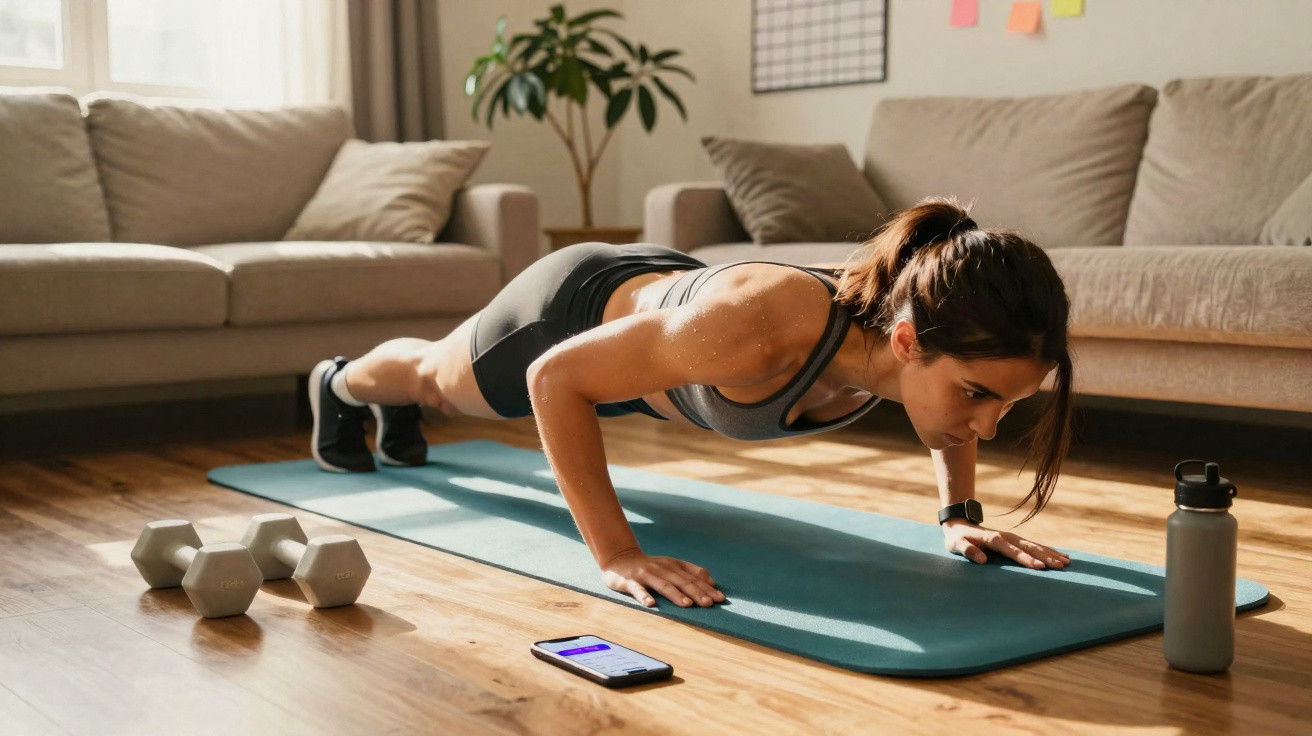 Frau macht Liegestütze auf Yogamatte im Wohnzimmer, umgeben von Hanteln, Wasserflasche und Smartphone.
