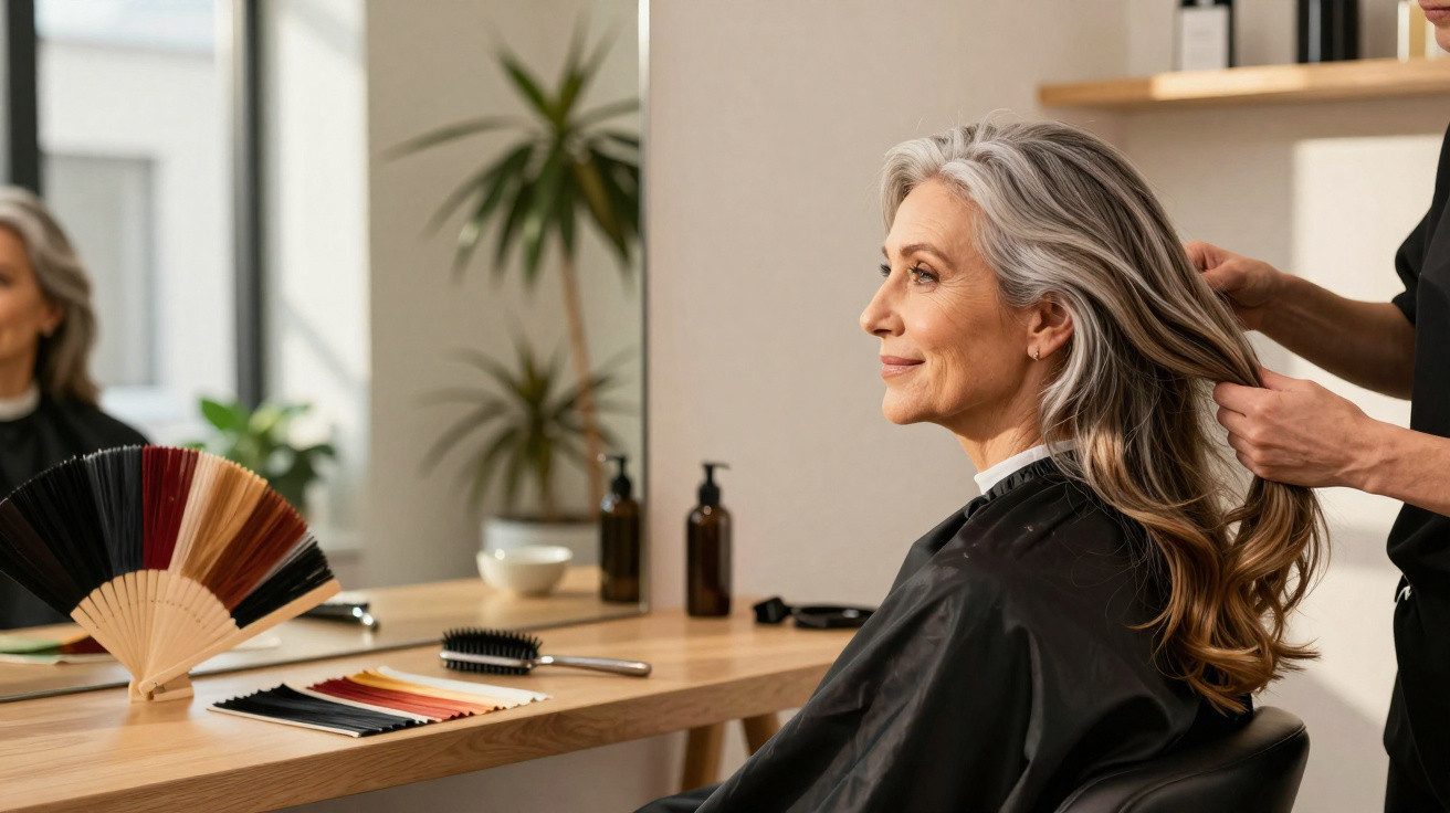 Ältere Frau mit grauem Haar lächelt im Friseursalon, während Stylist ihr Haar frisiert.