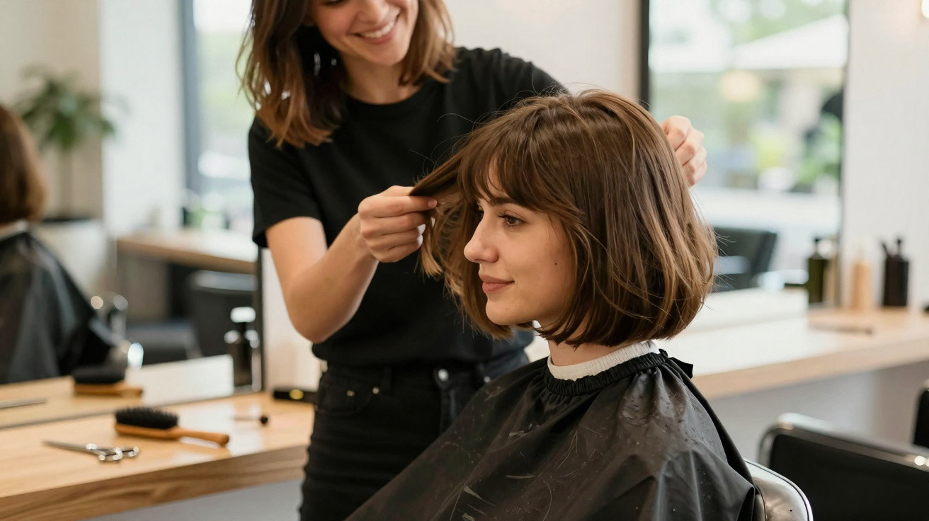 Friseurin stylt die Haare einer Kundin mit braunem Bob im modernen Friseursalon, beide lächeln.
