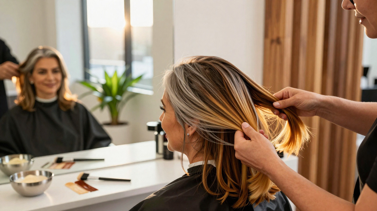 Friseurin begutachtet blondes Haar einer Kundin im Salon, die in den Spiegel lächelt.