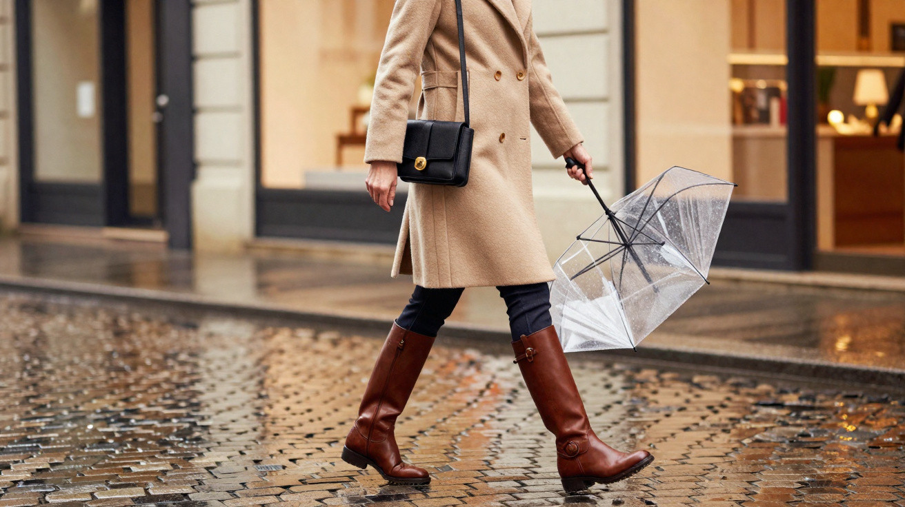 Frau in beige Mantel und braunen Stiefeln geht auf nassem Kopfsteinpflaster mit zerknicktem durchsichtigen Regenschirm.